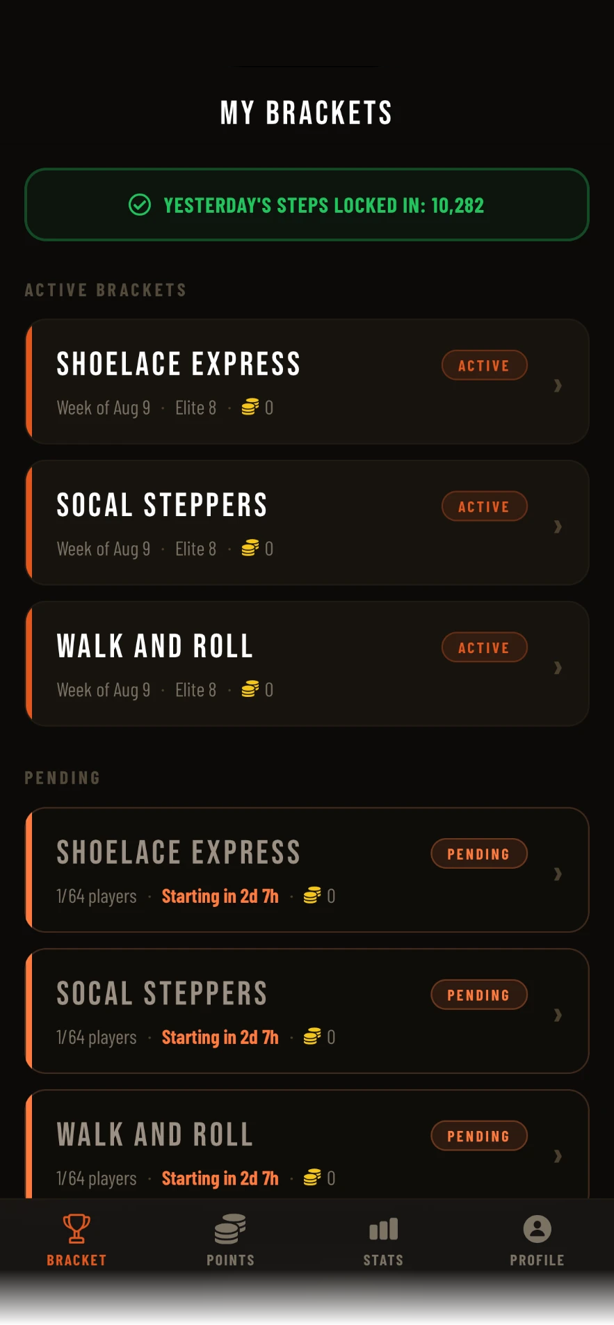 Step Team app showing the My Brackets screen with active and pending step brackets