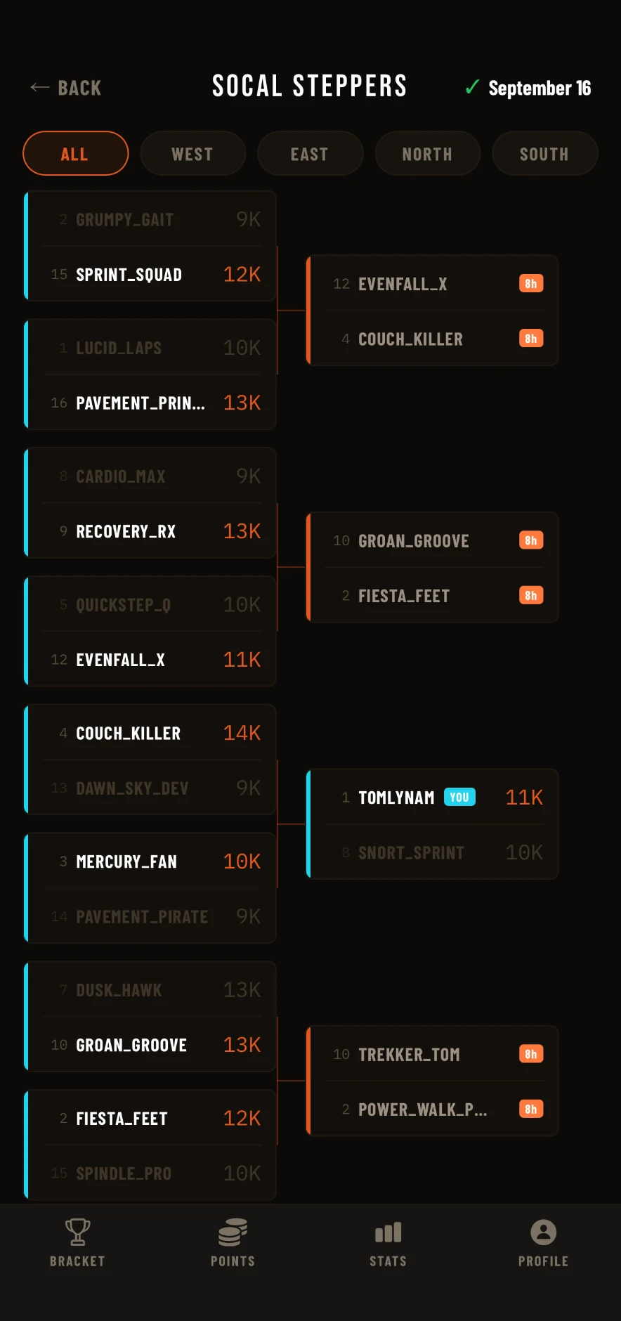 Step Team bracket screen showing matchup cards across the SoCal Steppers bracket
