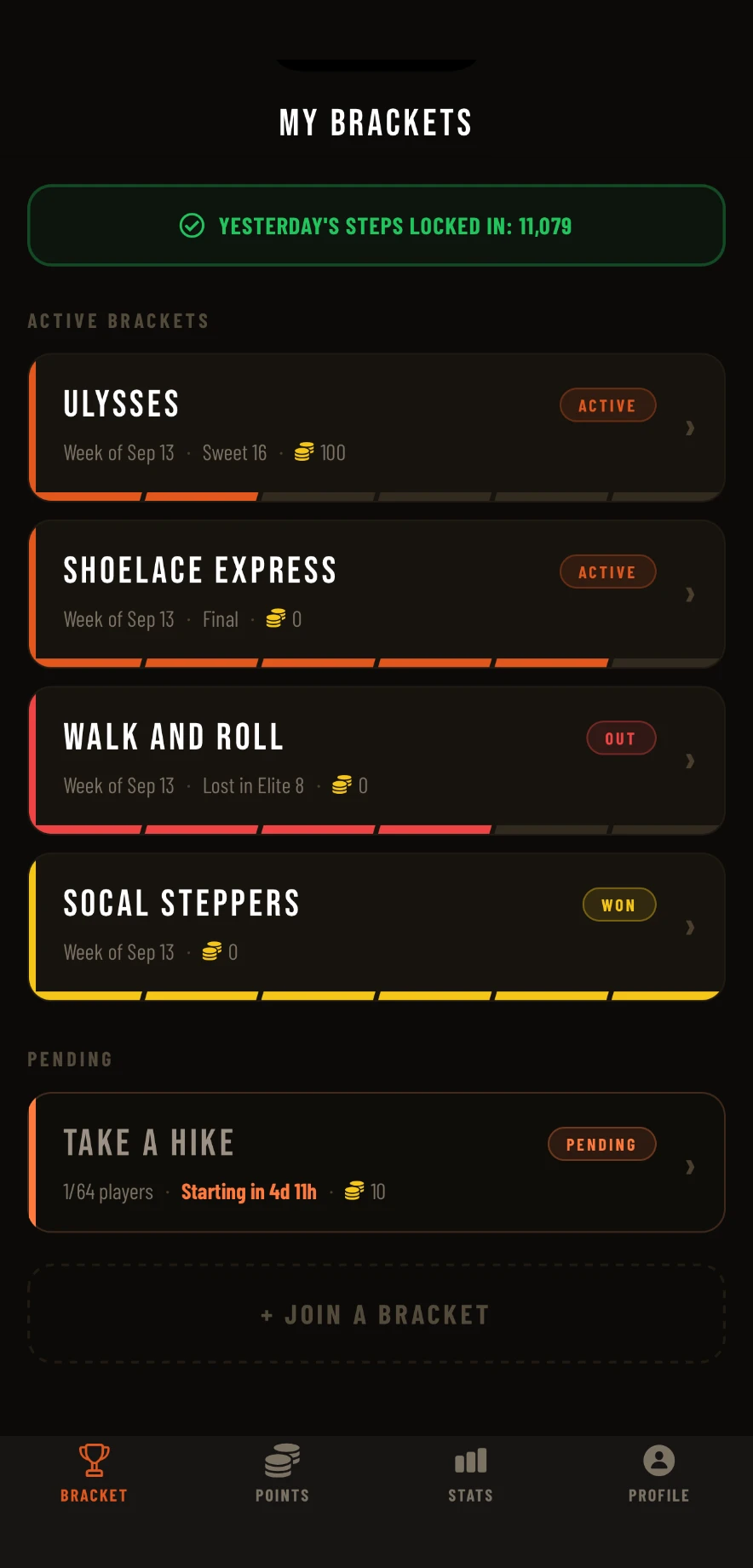 Step Team My Brackets screen showing active, completed, and pending step brackets